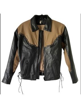 Vintage Genuine Leather Black & Tan Lined MOTTO Jacket Braided Detail Accents SM